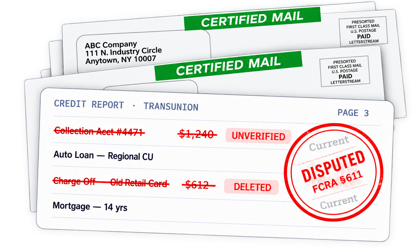 Credit dispute and certified mail illustration